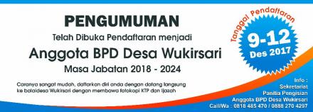 Pendaftaran Anggota BPD Desa Wukirsari Masa Kerja 2018-2024
