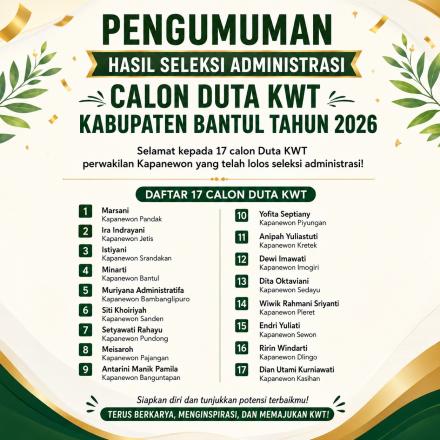 PENGUMUMAN HASIL SELEKSI ADMINISTRASI  CALON DUTA KWT KABUPATEN BANTUL TAHUN 2026 
