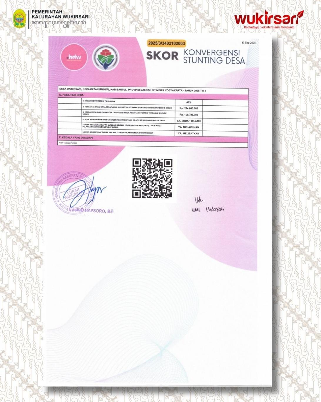 Skor Konvergensi Stunting Kalurahan Wukirsari Tahun 2025 TW 3 Capai 82 